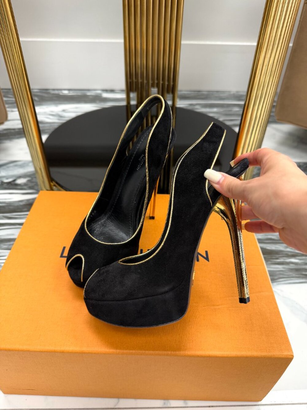 Louis Vuitton Black Suede Platform Heels Gold Heel Peep Toe Pumps Size 37 - Picture 6 of 16